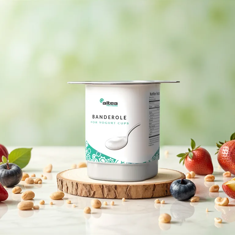Banderole thermoscellable habillant un pot de yaourt, décor sur 360° — Altea Packaging