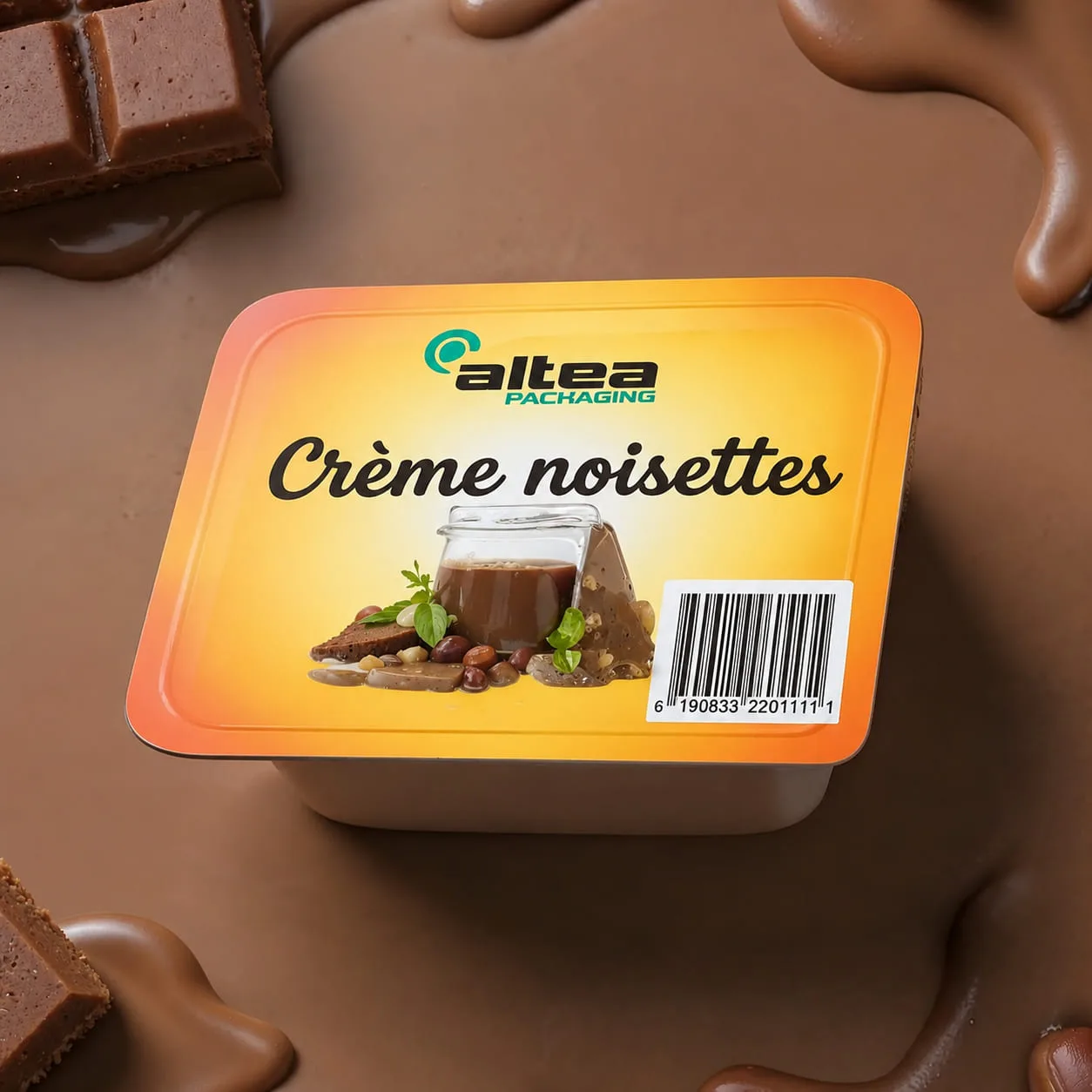 AluPET lidding film on a hazelnut cream tray — Altea Packaging